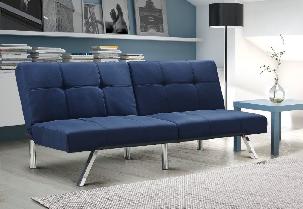 Layton Futon Sofa Bed Sectional Convertible Couch in Premium Linen, Available in Navy and Tan with Slanted Chrome Legs (Futon, Navy)