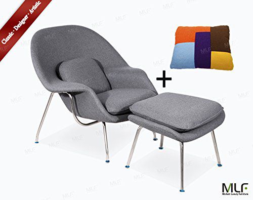 MLF Eero Saarinen Womb Chair & Ottoman (8 Colors). Premium Cashmere & High Density Foam Cover on Fiberglass. High Polished Stainless Steel. All Hand Sewn. Mid-Century Scandinavian Organic Modernism Style. Curl Up & Relax in Comfort. (Light Grey)