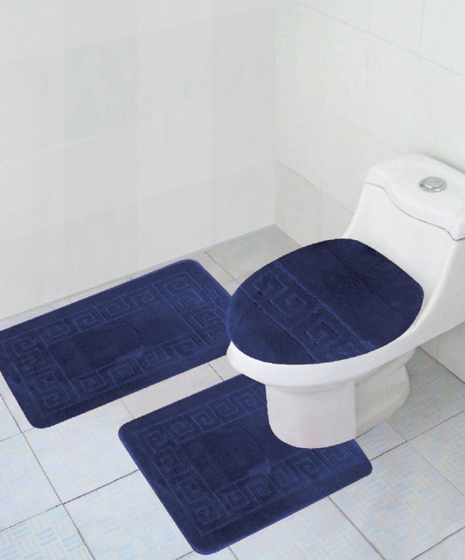 3 Piece Bath Rug Set Pattern Bathroom Rug (20"x32")/large Contour Mat (20"x20") with Lid Cover (Navy)