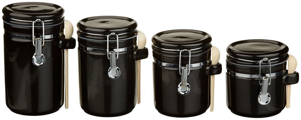 Anchor Hocking 4-Piece Ceramic Canister Set with Clamp Top Lid and Wooden Spoon, Black