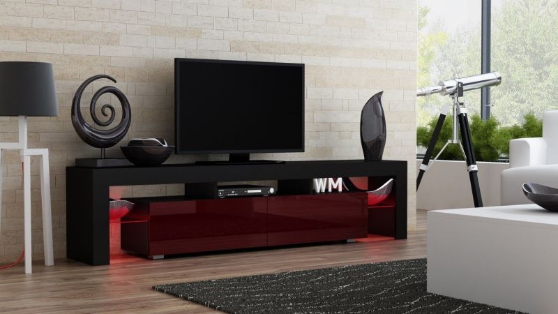 TV Stand MILANO 200 Black Body / Modern LED TV Cabinet / Living Room Furniture / Tv Cabinet fit for up to 90-inch TV screens / High Capacity Tv Console for Modern Living Room (Black & Burgundy)