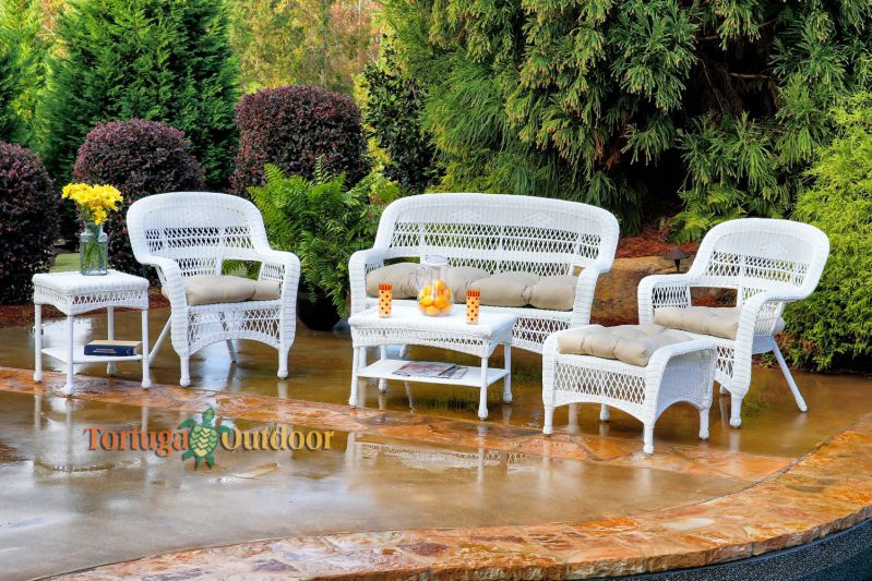 Tortuga Portside 6 Piece Wicker Outdoor Seating Set, White Wicker, Sand Fabric