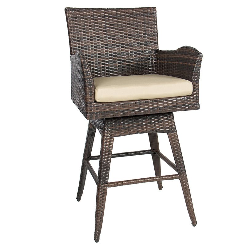 Best Choice Products Outdoor Patio Furniture All-Weather Brown Wicker Swivel Bar Stool with Cushion