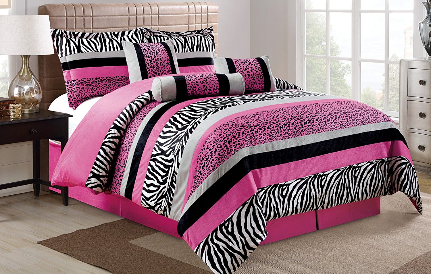 7 Piece Oversize HOT PINK Black White Zebra Leopard Micro Fur Comforter Set Queen Size Bedding 94"X92"