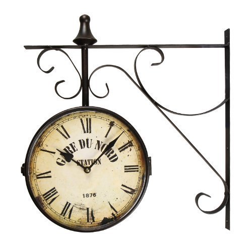 Adeco Black Iron Vintage-Inspired Round "Gard Du Nord Station" Double-Sided Wall Hanging Clock with Scroll Mount Home Decor