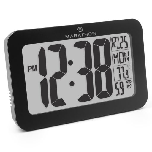 MARATHON CL030033BK Atomic Self-setting Self-adjusting Wall Clock w/ Stand & 8 timezones - Batteries Included (Black)