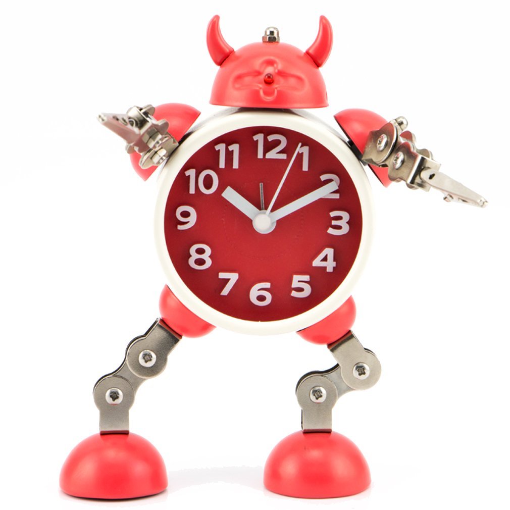 PiLife Silent Non-ticking Metal Robot Alarm Clock, Flashing Lights ,Free to Make Poses, with Card or Note Holder(Small Red)