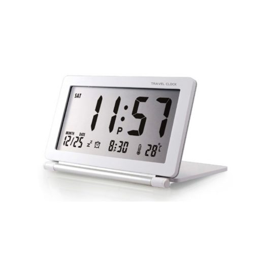 Travel Alarm Clock, Samshow Office Desk Clock Foldable, Portable, with Date/Week/Temperature, Snooze(White Silver,Battery Included)