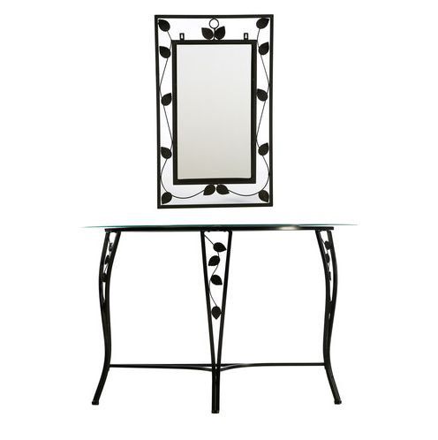 Entryway Table and Mirror Set Console Hall Decor Furniture Includes a Tempered Glasstop with Black Metal Finish Scroll Leaf Trim Design
