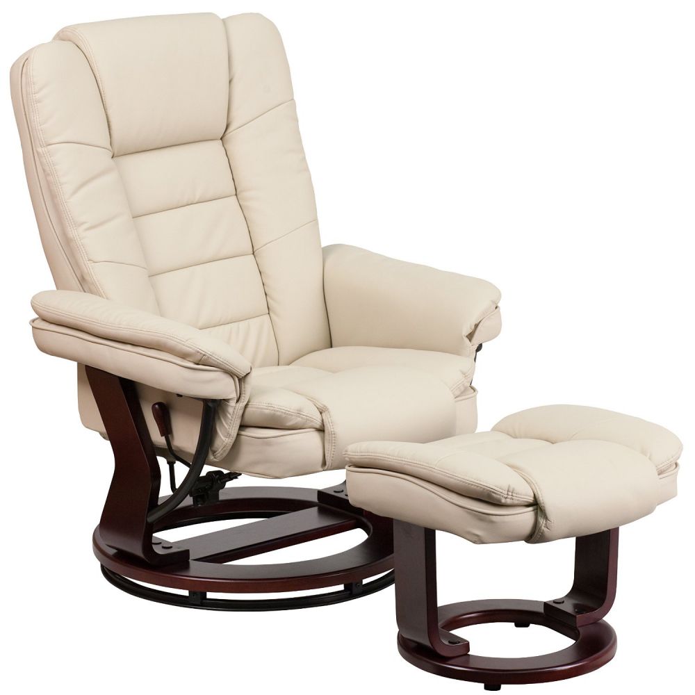 Flash Furniture BT-7818-BGE-GG Contemporary Beige Leather Recliner and Ottoman with Swiveling Mahogany Wood Base