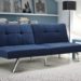 Layton Futon Sofa Bed Sectional Convertible Couch in Premium Linen, Available in Navy and Tan with Slanted Chrome Legs (Futon, Navy)