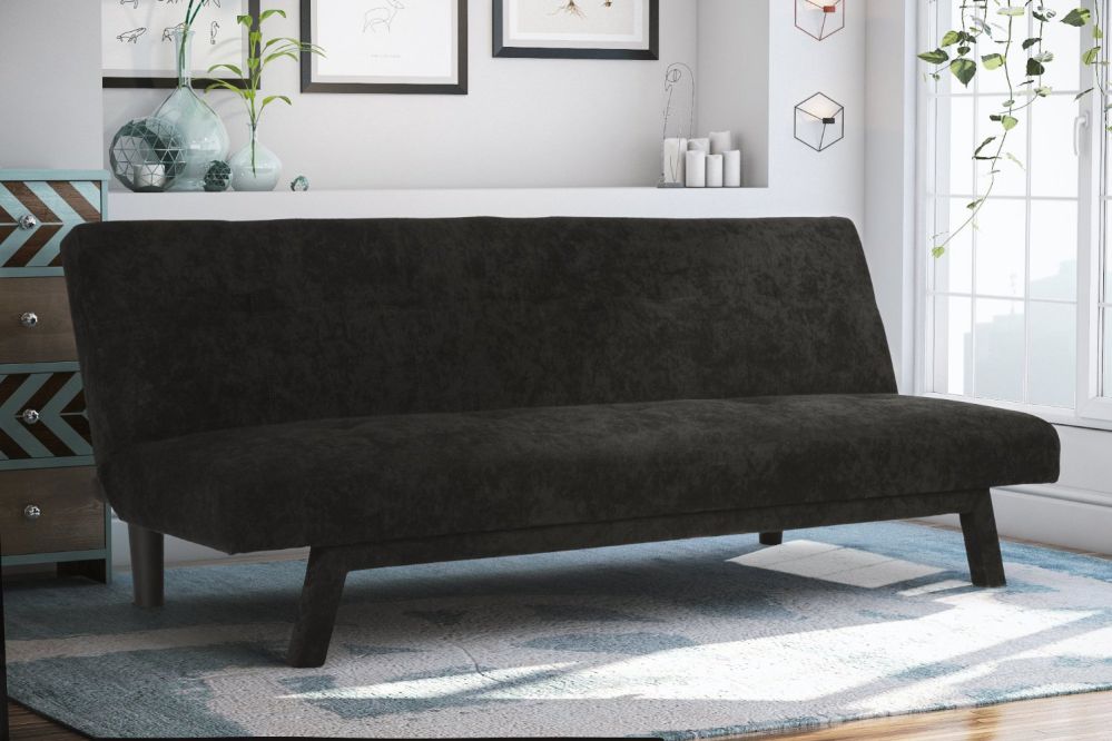 Premium Austin Convertible Sofa Futon, Rich Black Microfiber Couch Bed w/ Upholstered Front Legs, Perfect Small Space Solution, Multifunctional and Adjustable, Sturdy 600 lbs. Weight Limit