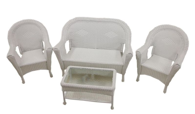 4-Piece White Resin Wicker Patio Furniture Set- 2 Chairs, Loveseat & Table