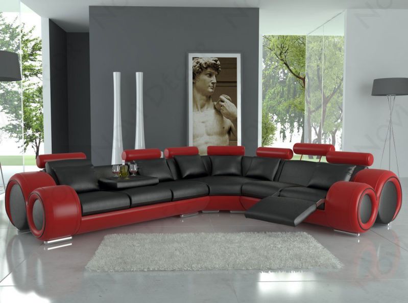 4087 Red & Black Bonded Leather Sectional Sofa With Built-in Footrests
