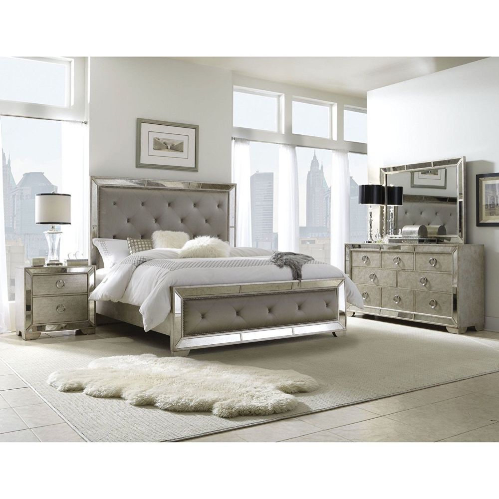 5-piece Mirrored and Upholstered Tufted Queen-size Bedroom Set