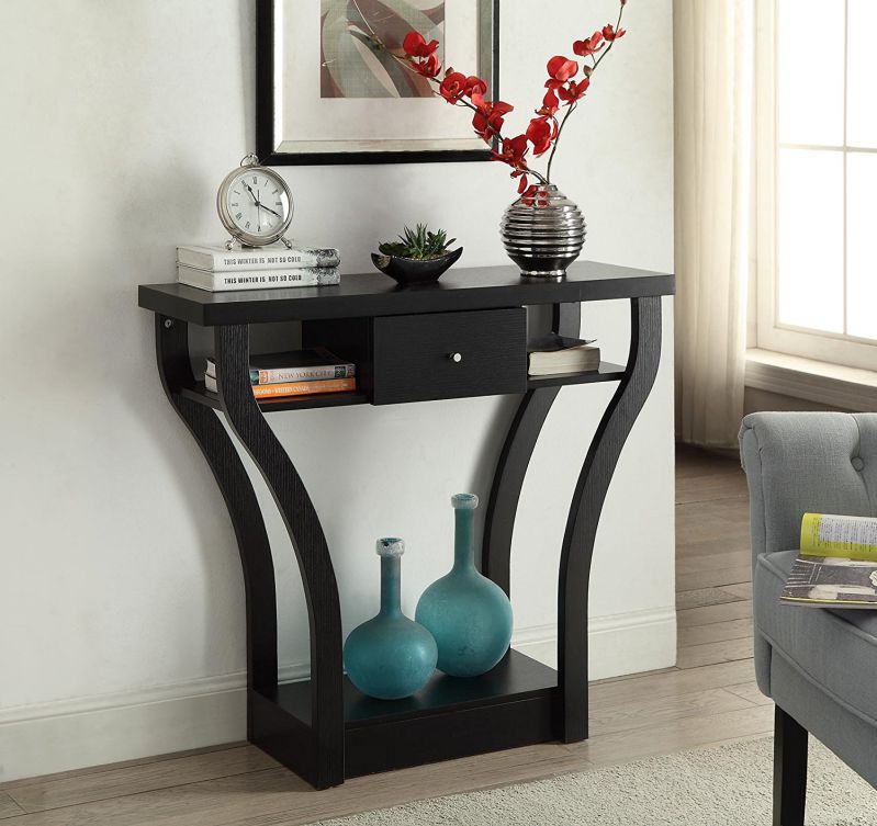 Black Finish Curved Console Sofa Entry Hall Table with Shelf / Drawer