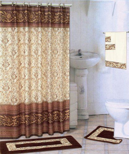 Coffee 18-piece Bathroom Set: 2-rugs/mats, 1-fabric Shower Curtain, 12-fabric Covered Rings, 3-pc. Decorative Towel Set 