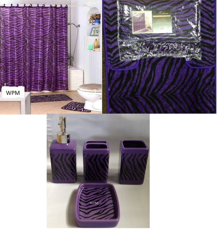 Complete Bath Accessory Set- Black Purple Zebra Animal Print Bath Rug Set + Black Zebra Shower Curtain & Ceramic Accessories-new Design