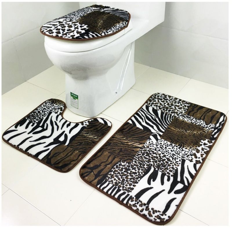 Coral Velvet Mat Set Toilet Cover Set Non Slip Bathroom Carpet Rug, Set of 3 (animal)