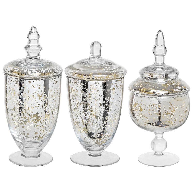 Decorative Mercury Silver Glass Apothecary Jars / Wedding Centerpiece / Footed Candy Dishes - 3 Piece Set