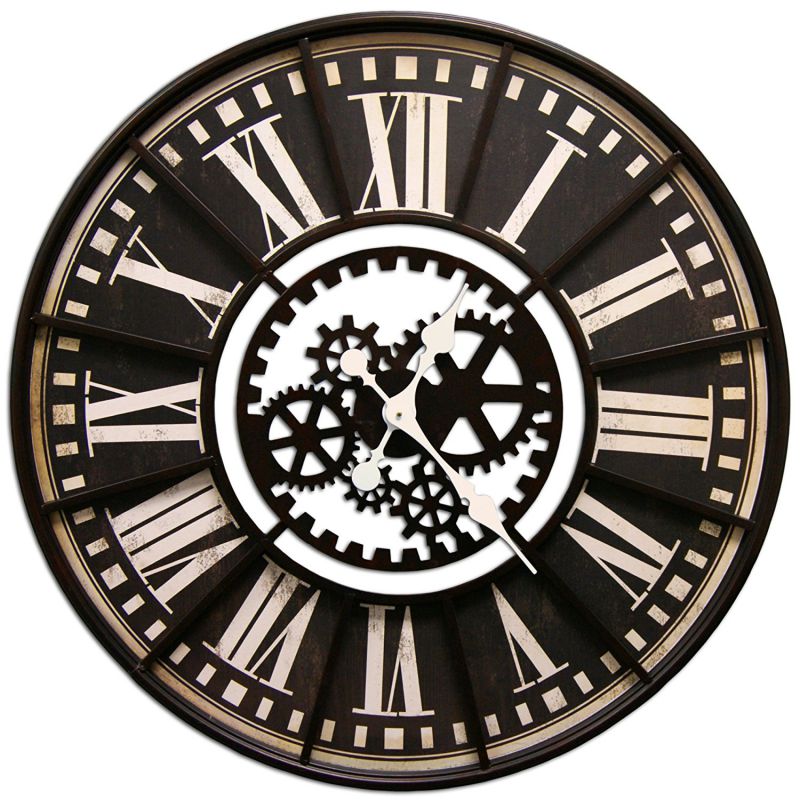 Large Wall Clock with Decorative Gear Look Black 32" Quartz movement
