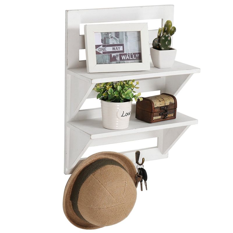 MyGift Rustic Wood Wall Mounted Organizer Shelves w/ 2 Hooks, 2-Tier Storage Rack, Distressed White