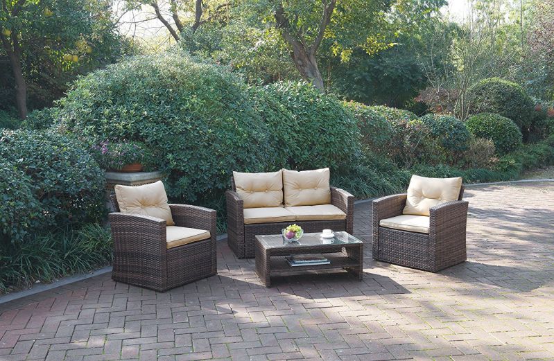 Outdoor Garden Patio 4-Piece Cushioned Seat Mix Brown Pe Resin Wicker Sofa Furniture Set
