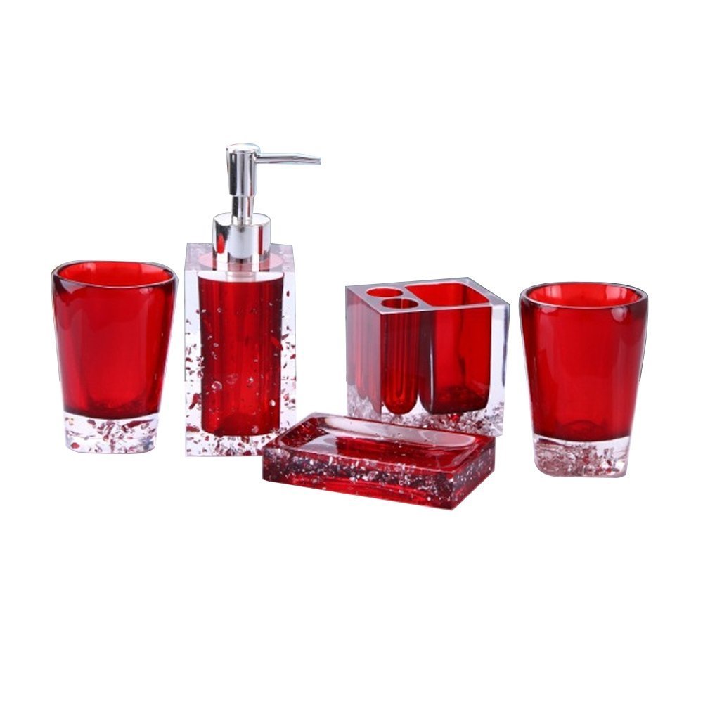 Resin Soap Dish, Soap Dispenser, Toothbrush Holder & Tumbler Bathroom Accessory 5 Piece Set (Red)
