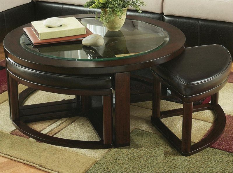 Roundhill Furniture Cylina Solid Wood Glass Top Round Coffee Table with 4 Stools