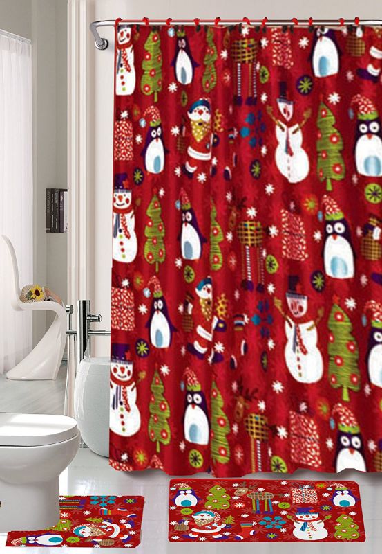 Season's Greetings 15 Piece Shower Curtain Bath Set 1 Bath Rug 1 Contour Mat 1 Shower Curtain 12 Piece Matching Fabric Shower Curtain Rings (Merry Christmas) 