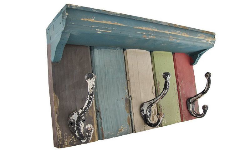 Vintage Look Multicolored Wooden Wall Plaque with Metal Hooks/Shelf