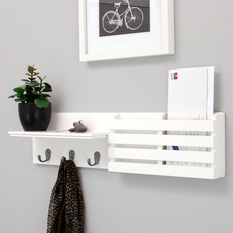 nexxt Sydney Wall Shelf and Mail Holder with 3 Hooks, 24-Inch by 6-Inch, White