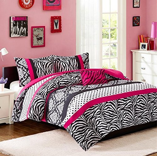 Comforter Bed Set Teen Kids Girls Pink Black White Animal Print Polka Dots Bedding Set (Twin/twin Xl)