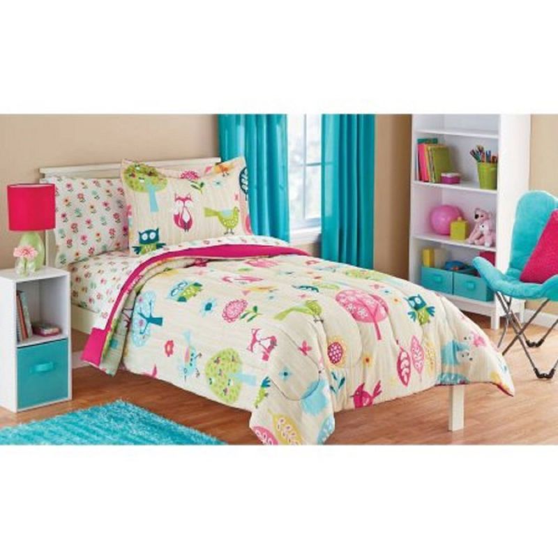 Owl Life White Pink Green and Blue Owl Bird Cute Kids Twin Bedding Set