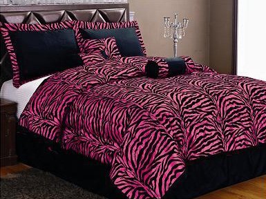 Twin 5 Piece Bedding Soft Short Fur Comforter Set Black / Hot Pink Zebra Bed-in-a-bag