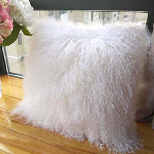 Unite Down 100% Real Mongolian Lamb Fur Cushion Cover/Pillowcase (20x20inch, White)
