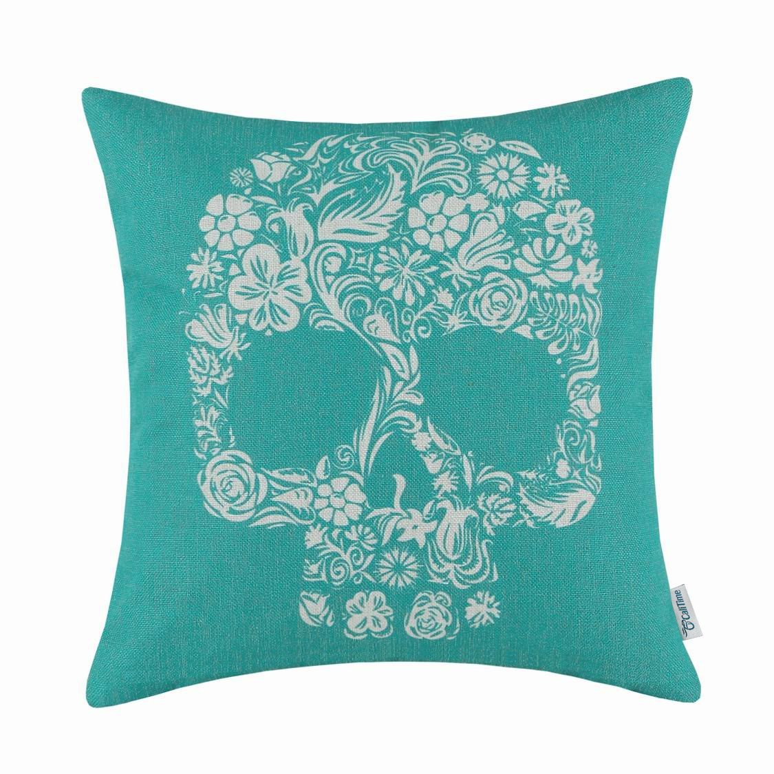 CaliTime Cushion Cover Throw Pillow Shell Halloween Floral Skull 18 X 18 Inches Teal