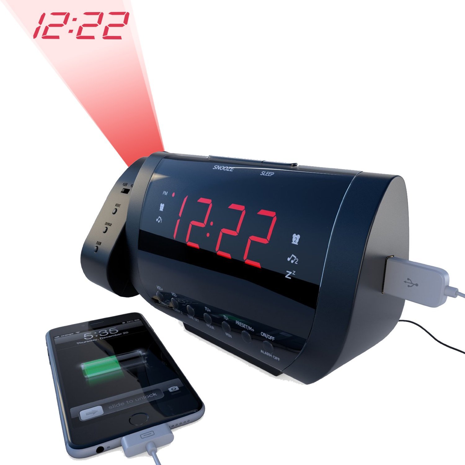 Edge Pro Alarm Clock Radio with Time Projection and USB Charger