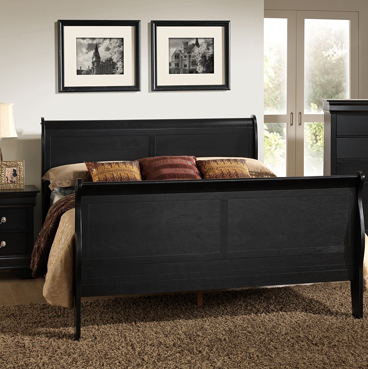 Roundhill Furniture Isony 594 Louis Philippe Style Wood Sleigh Bed, King, Black