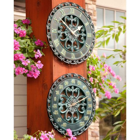 Rustic Antique Outdoor Wall Clock and Thermometer Set of 2 -Copper Finish 14