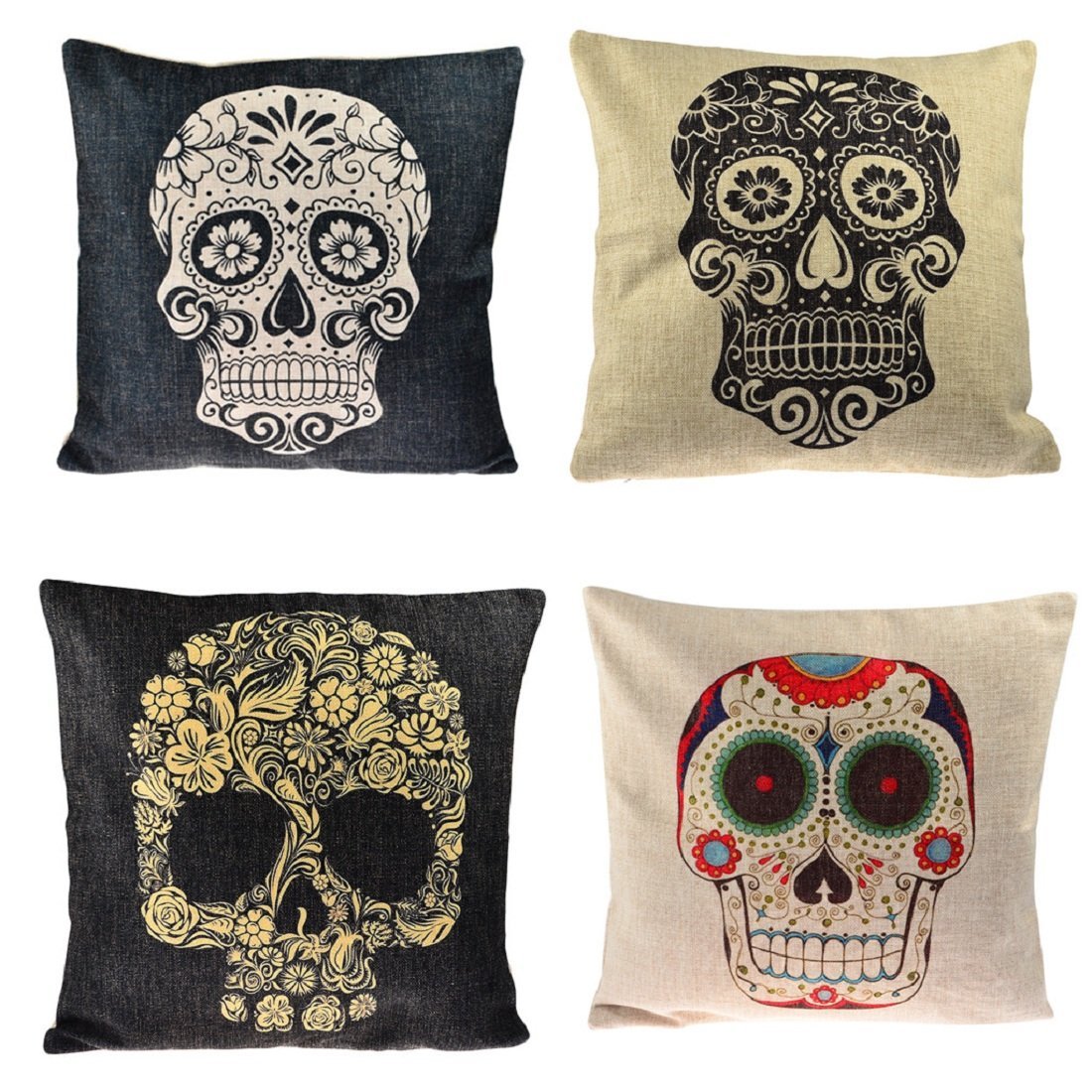 Throw Pillow Covers,YIFAN 4Pcs Mexican Day of the Dead Sugar Skull Cotton Linen Square Shaped Decorative Sofa Chair Couch Pillowcase Pillowslip 43*43cm