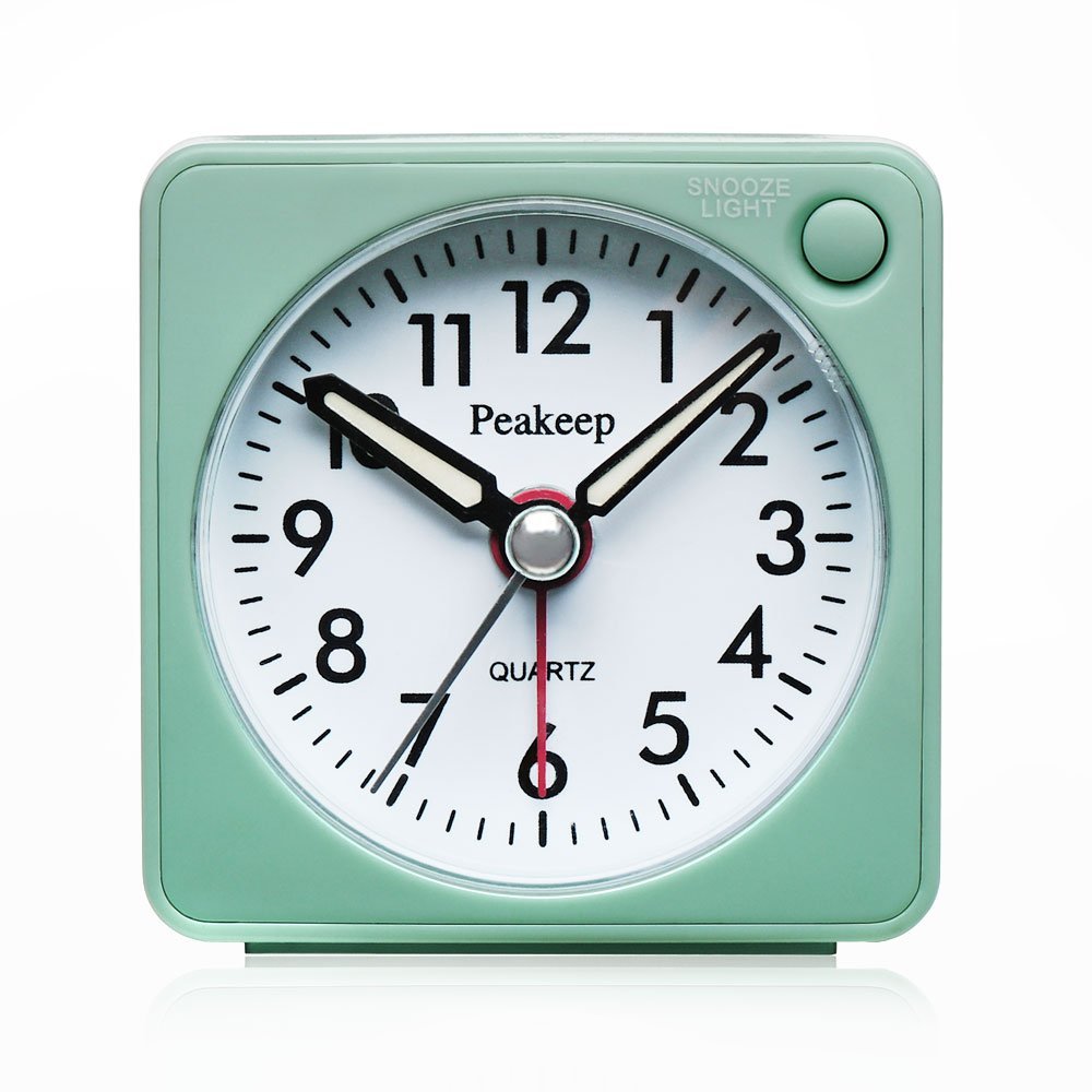 Ultra Small, Peakeep Battery Travel Alarm Clock with Snooze and Light, Silent with No Ticking Analog Quartz (Aquamarine)