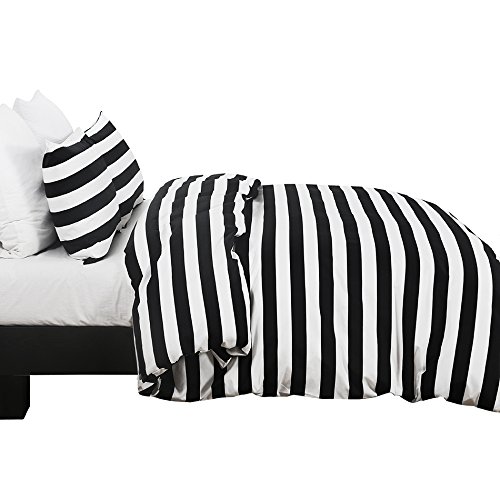 Vaulia Lightweight Microfiber Duvet Cover Set, Black and White Stripe Pattern Design - Queen Size