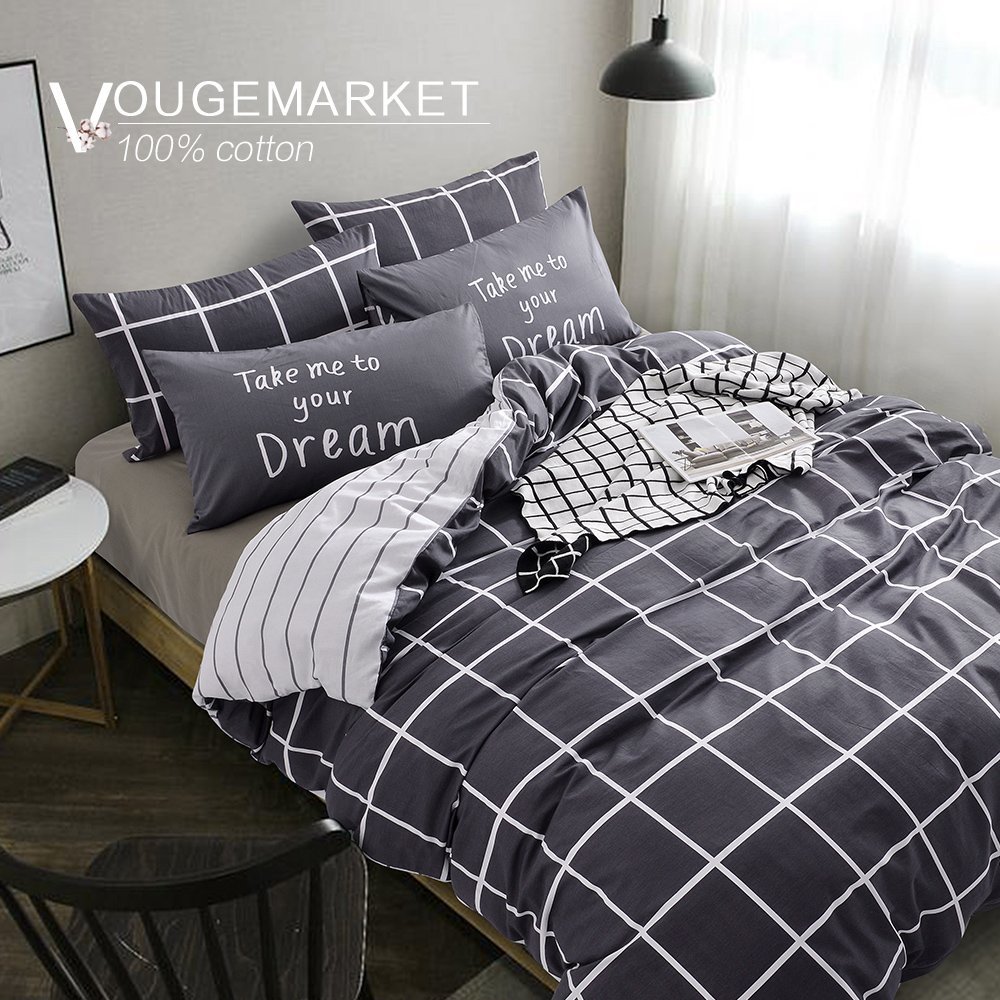 Vougemarket Super Soft 100% Cotton 3-pieces Black White Grid Prints Duvet Cover Sets(1 Duvet Cover + 2 Pillow Shams) with Zipper Closure-Full/Queen,Grid 2