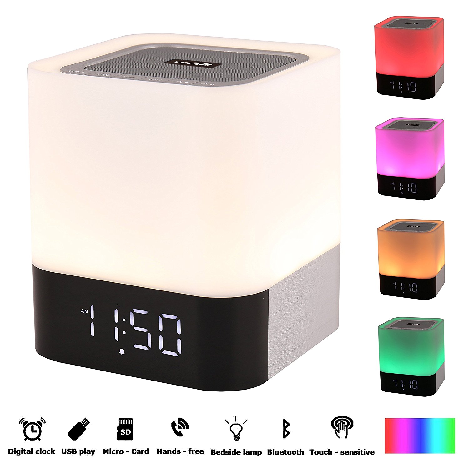 Wireless Bluetooth 4.0 Speaker Portable HIFI Stereo with Led Light Lamp and Alarm Clock, Hands-free Calls,Quality Sound, Touch Sensor, MP3 Player, Support SD TF Card, 3.5mm AUX Jack (White)