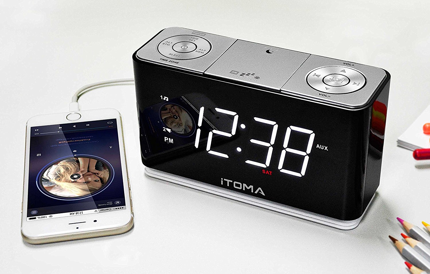 iTOMA Alarm Clock with FM Radio, Dual Alarm, USB Charging, Night Light, Auto Dimmer Control, Sleep Timer, Auto Time Setting, AUX-IN, Backup Battery (CKS507)