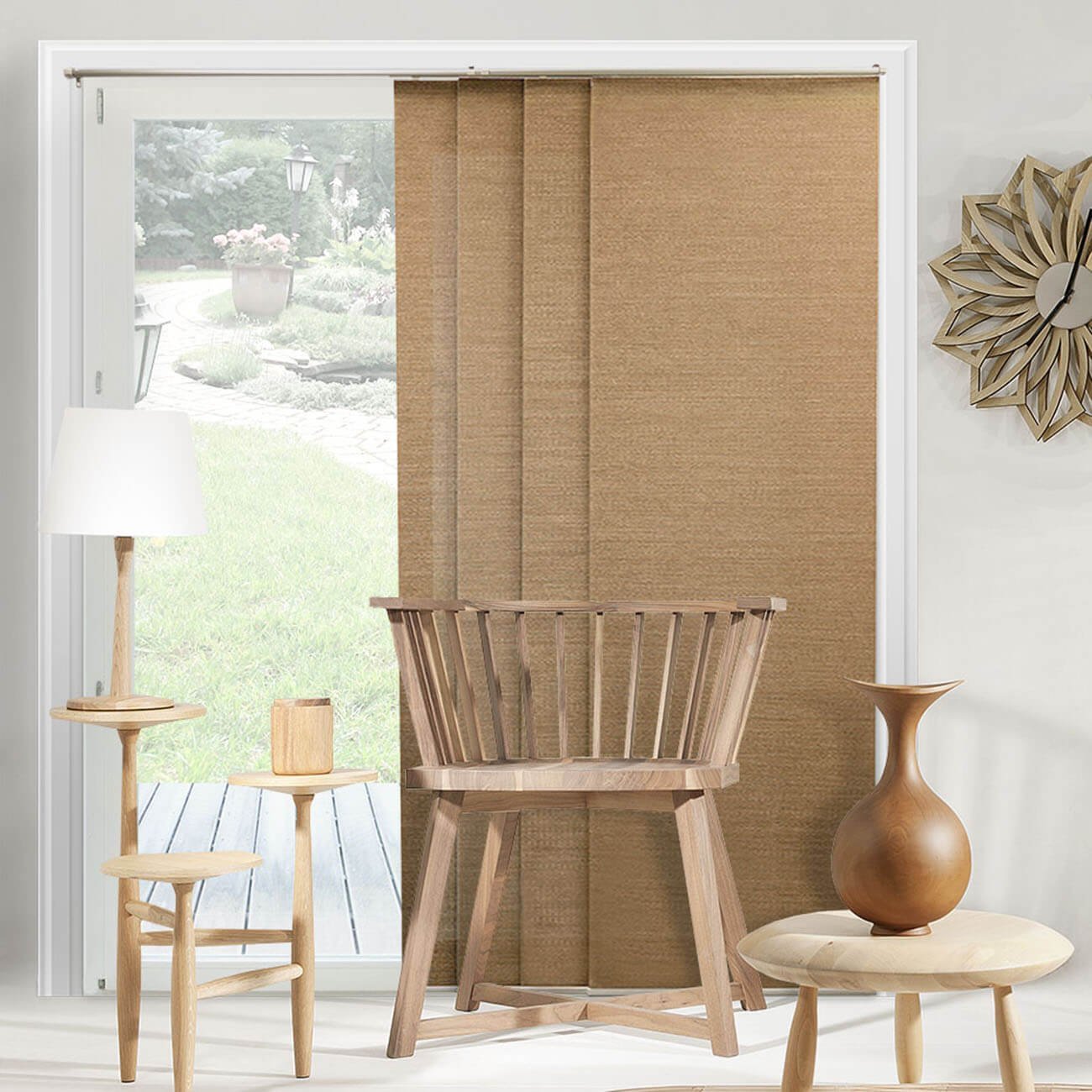 Chicology Adjustable Sliding Panel, Frontier - Natural Woven, Privacy, 80"W X 96"H - Birch Truffle
