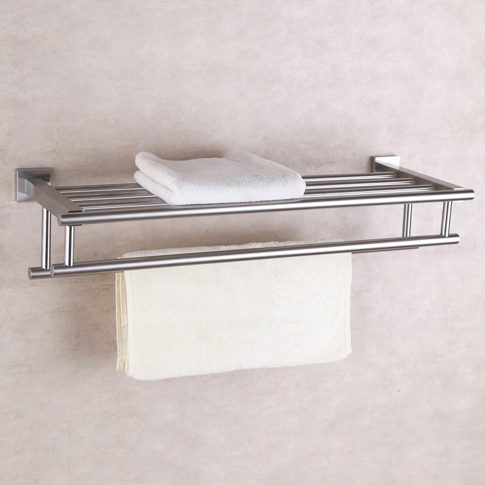 KES Stainless Steel Bath Towel Rack Bathroom Shelf with Double Towel Bar 60 CM Storage Organizer Contemporary Hotel Square Style Wall Mount, Brushed Finish, A2112-2