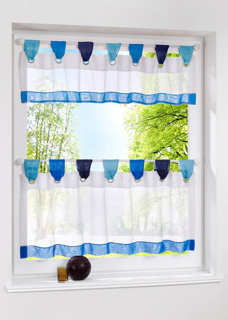 Uphome 1pcs Cute Stitching Color White Cafe Window Tier Curtain - Kitchen Tab Top Semi Sheer Curtain,72 x 24 Inch,Blue