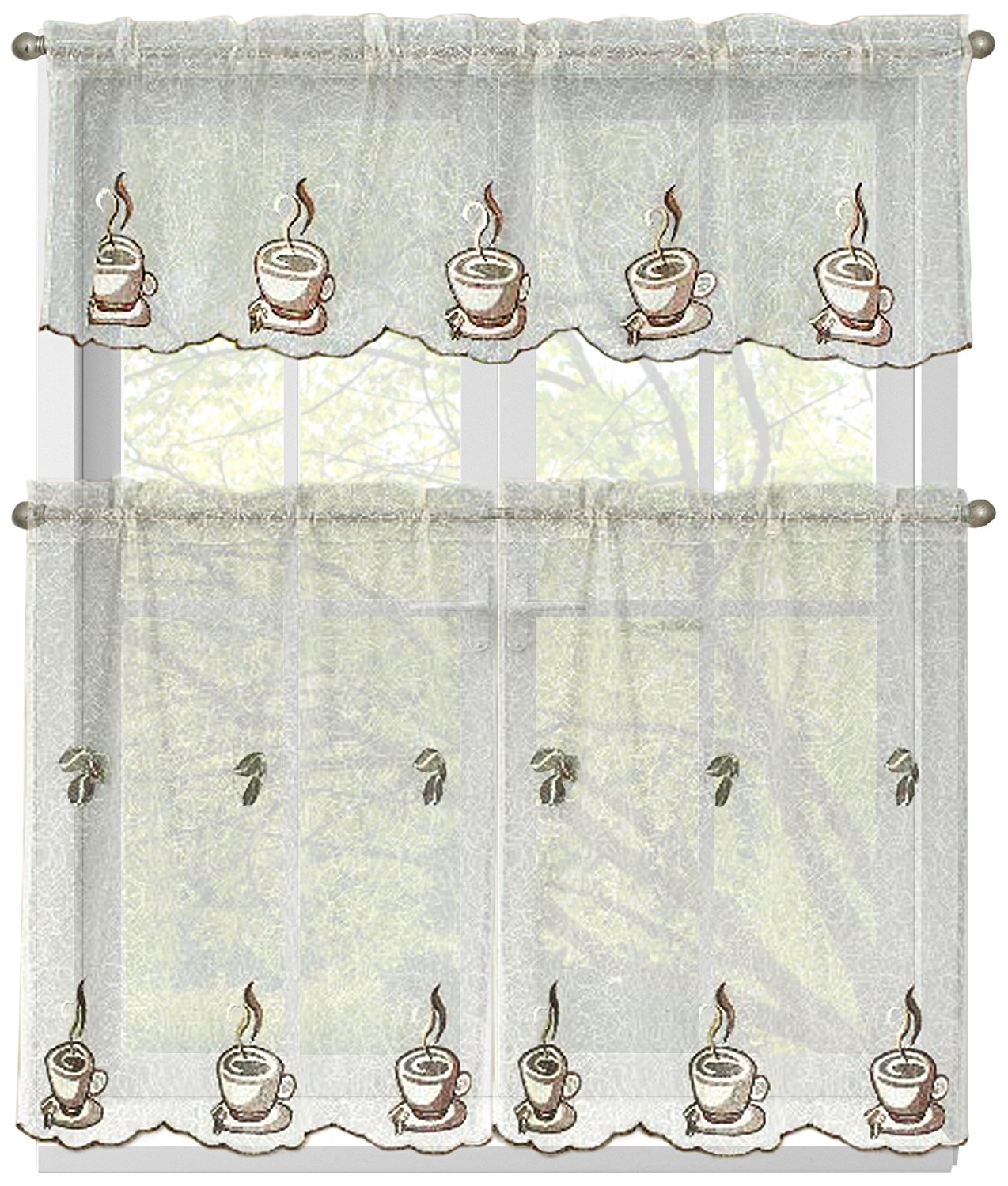 Window Elements Embroidered 3-Piece Kitchen Tier and Valance 60 x 54 Set, Three Cups a Day